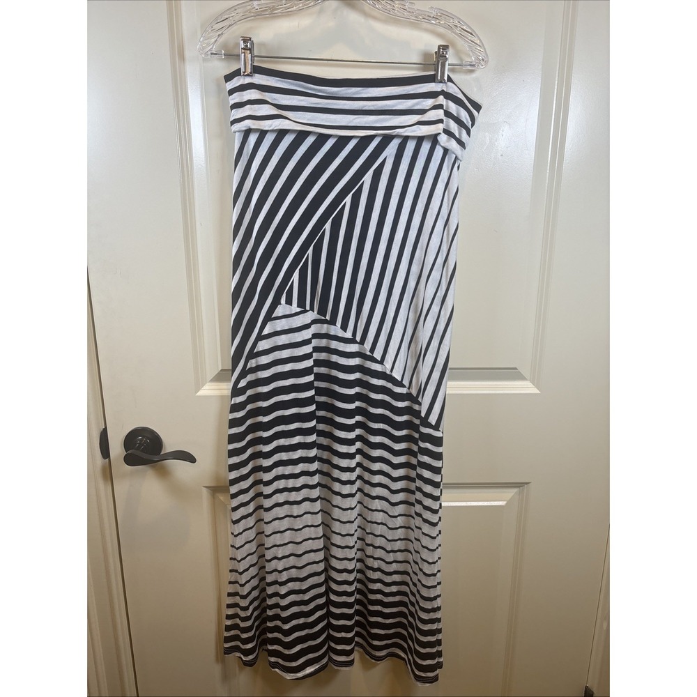 Wet Seal Large Black White Stripe Knit Stretch High Rise Maxi Long Skirt Pull On